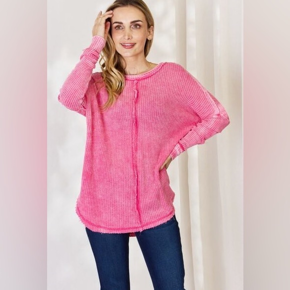 ❤️‍🔥❤️‍🔥Zenana Oversized Washed Waffle Long Sleeve Top Final - Picture 14 of 14